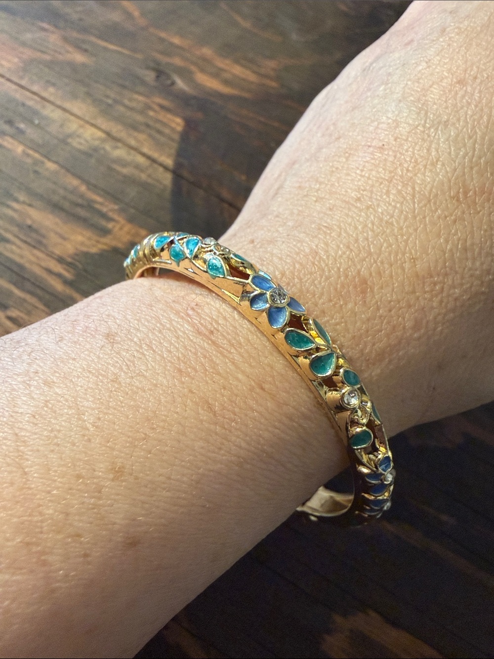 Gold Plated Blue Floral Enamel Bangle Bracelet Rhinestones